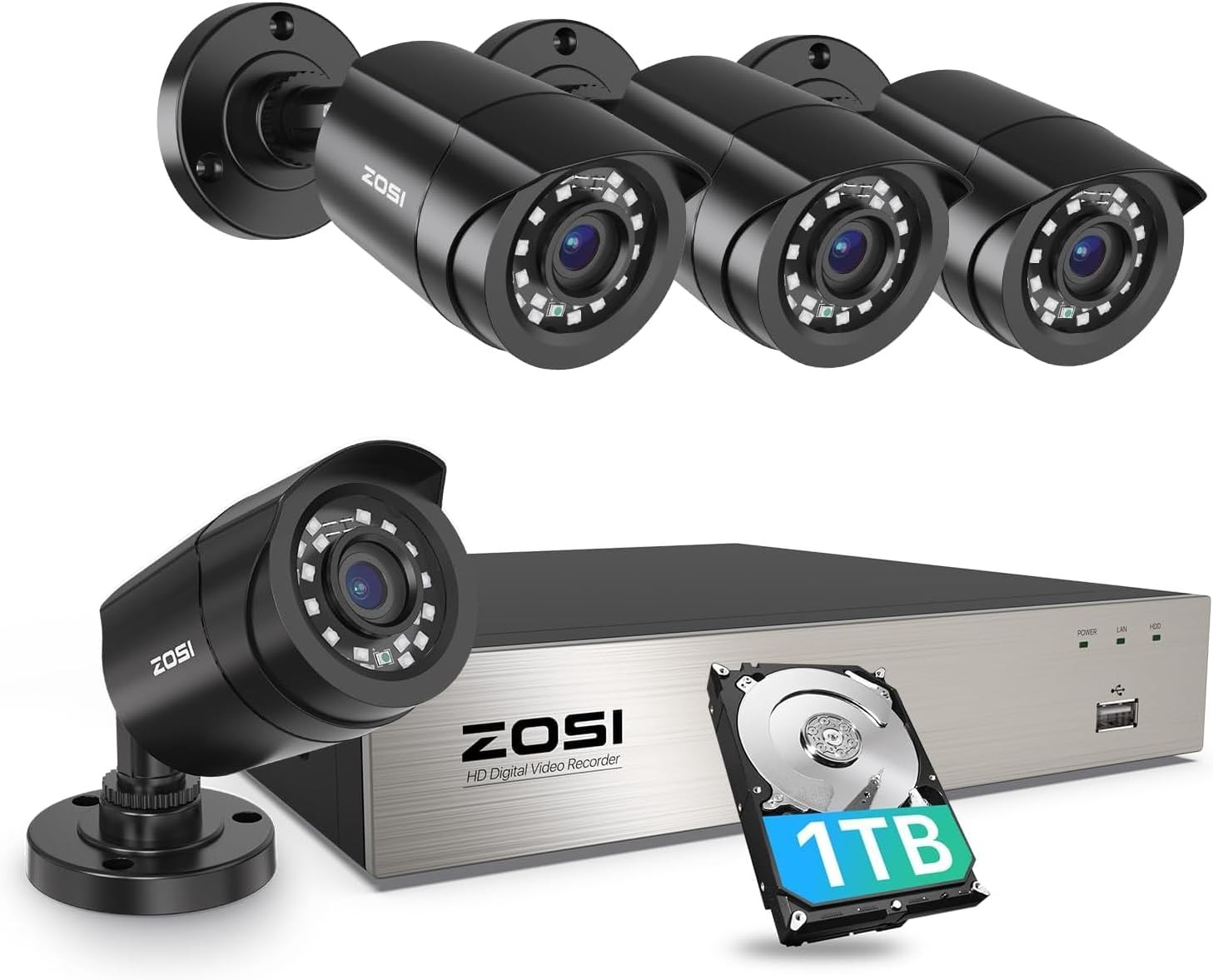 ZOSI 3K Lite Security Camera System with AI Human 8CH+4Cam+1TB, Wired-4Cam