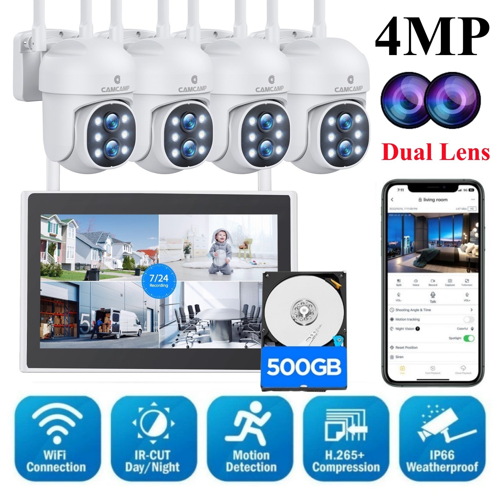 Outdoor Dual Lens Security Camera System Wireless 10CH NVR APP View Night Vision