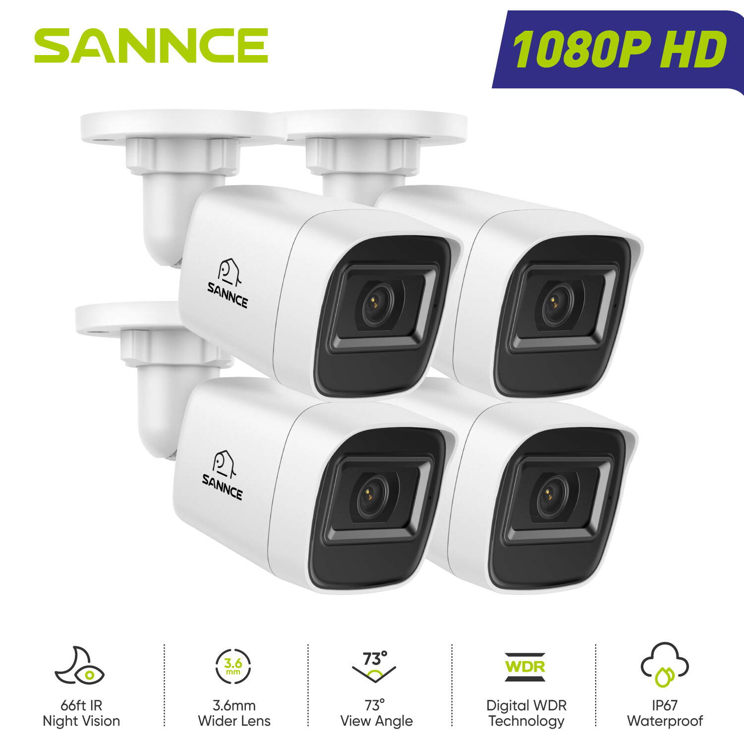 SANNCE 4pcs 1080P Video CCTV Home Security Camera Outdoor IR Night Vision IP67