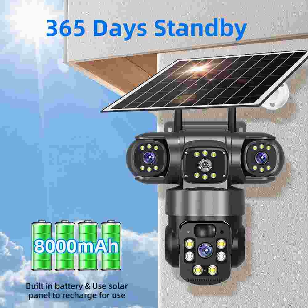 3 Lens HD 9MP WiFi Solar Camera Wireless Outdoor CCTV PTZ Home Security IR Cam
