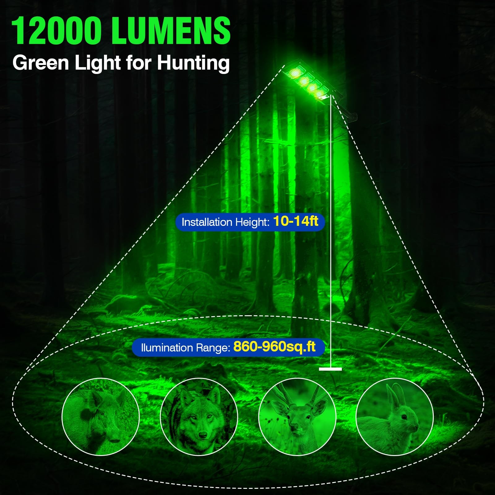 Hog Lights for Night Hunting, 12000LM Solar Green Hunting Light 2 Pack, Black