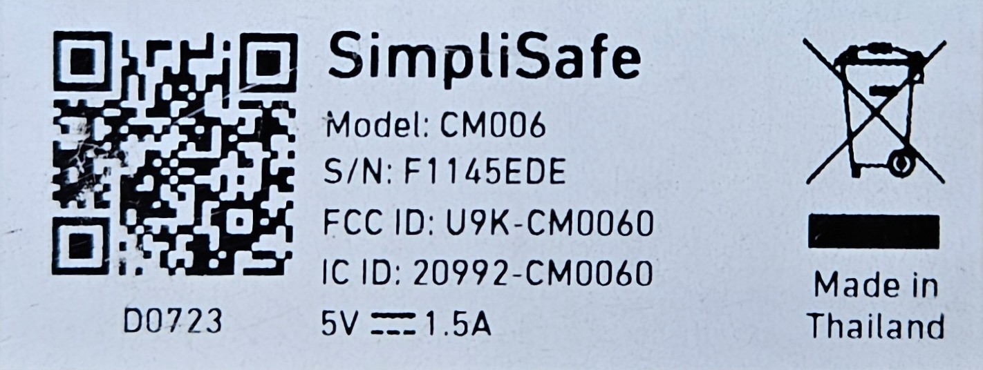 SimpliSafe CM006 Smart Alarm Night Vision Motion Camera Wireless Indoor Security