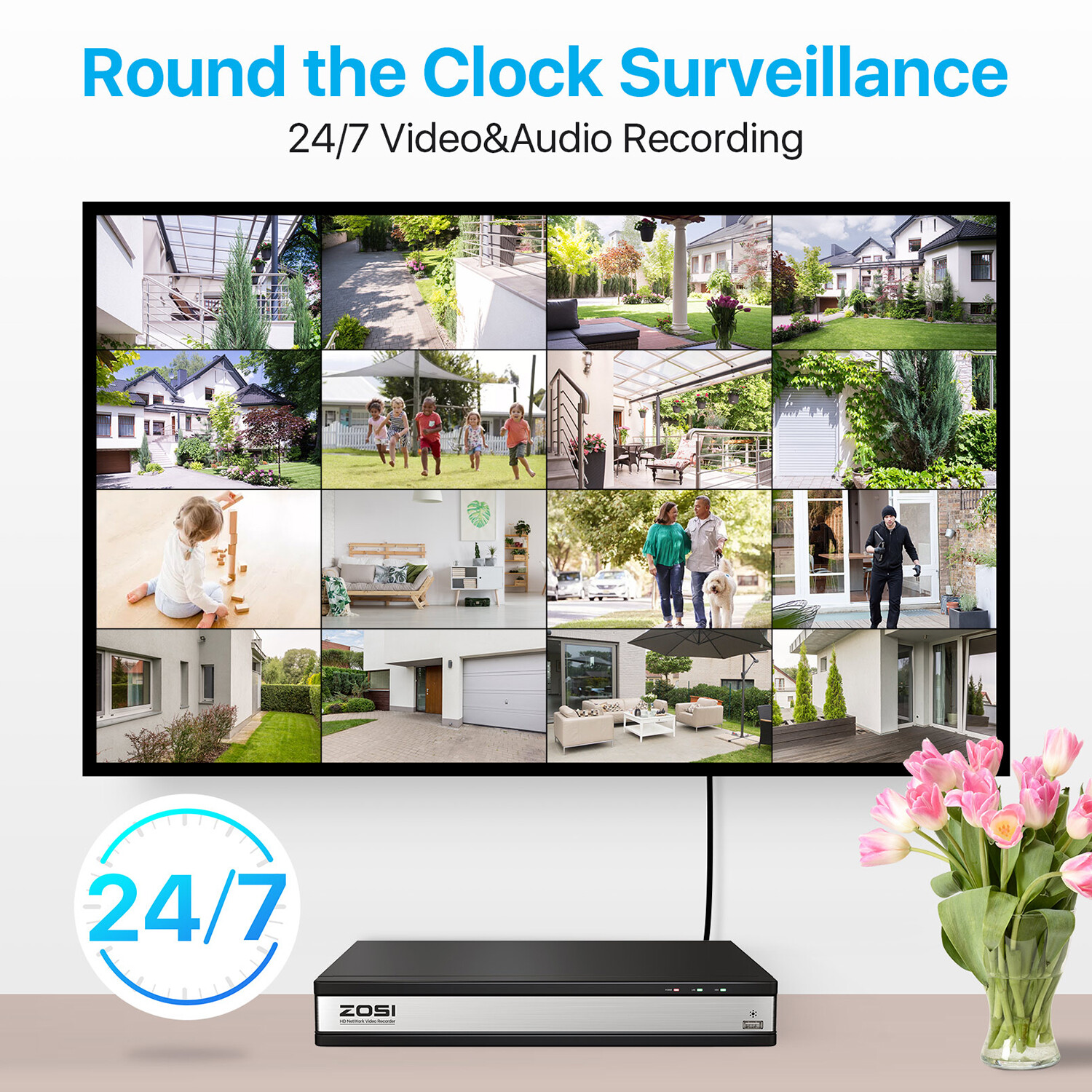 ZOSI 4K HD 16CH NVR 5MP POE Home Security Camera System 4TB Outdoor AI Detection