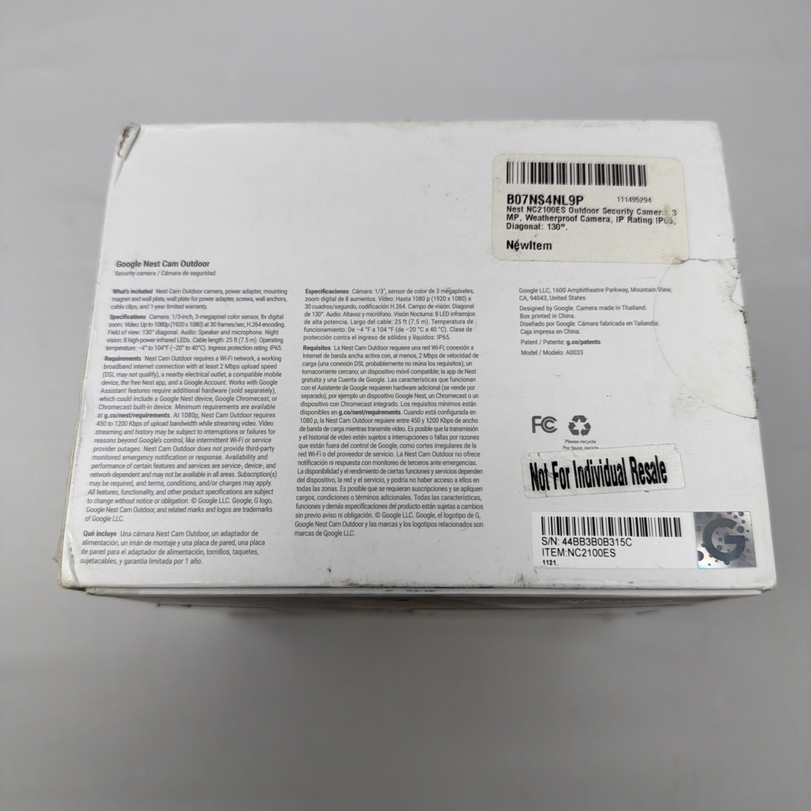 NEW Google Nest Cam Outdoor 1st Gen A0033 NC2100ES