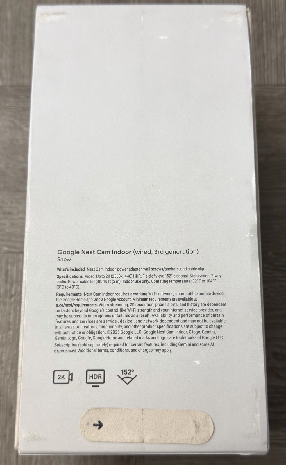 Google Nest Cam Indoor 2K (Wired, 3rd Gen) Snow #GA09973-US (NEW/SEALED)