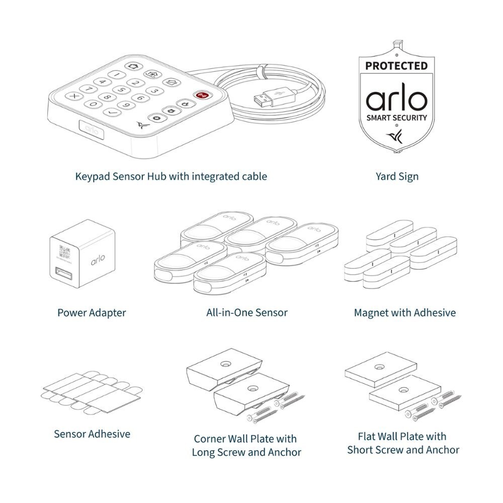 Arlo Home Security System with Wired Keypad Sensor Hub, 5 8-in-1 Sensors & Sign