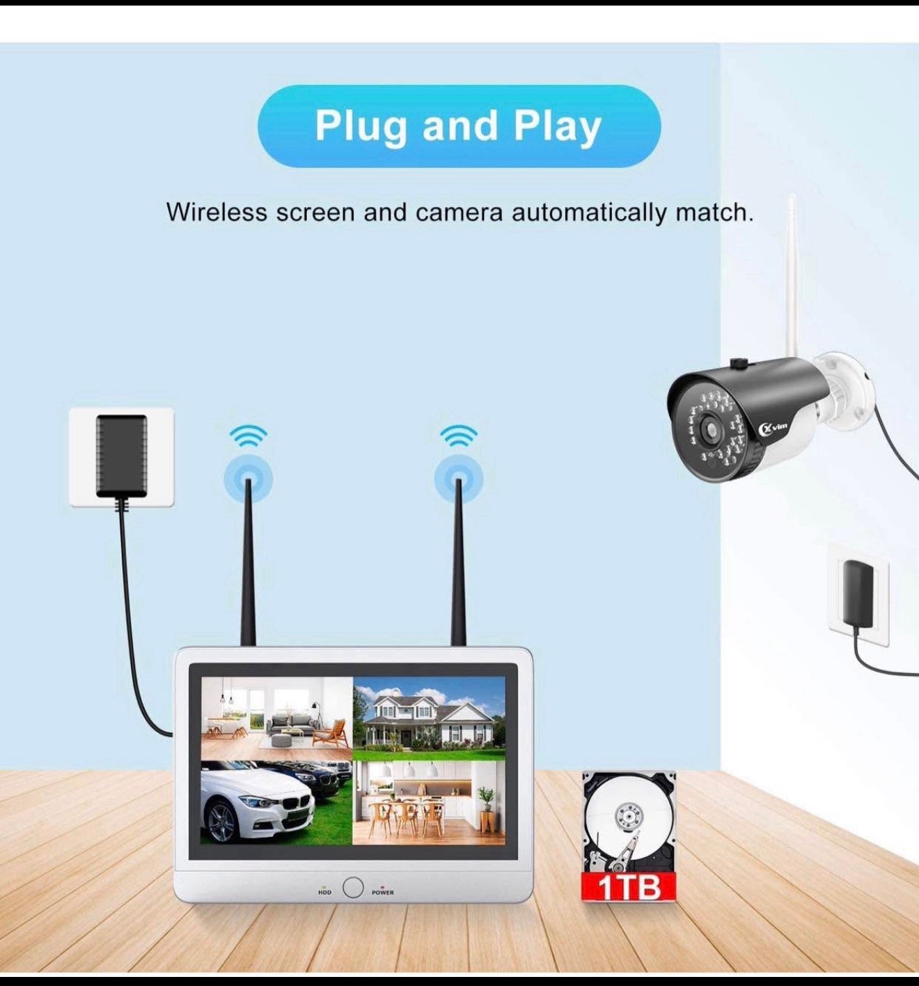 XVIM 12″ Wireless Security Camera System 4 Waterproof Cameras 1TB 1080P