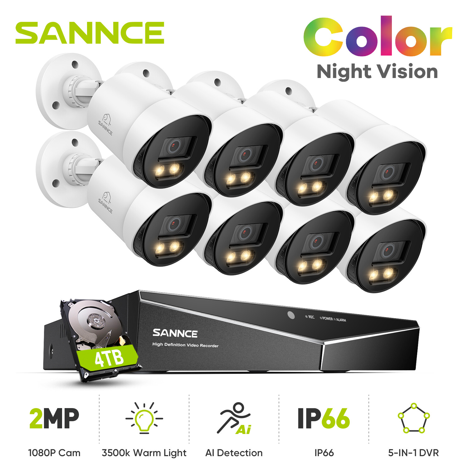 SANNCE 8CH 5IN1 5MP DVR HD 1080P CCTV Color Night Vision Security Camera System