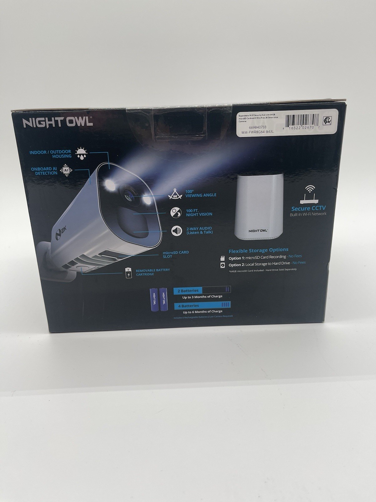 Night Owl 2K 64GB Hub Recorder Security System w/ 3 Battery Solar Cameras