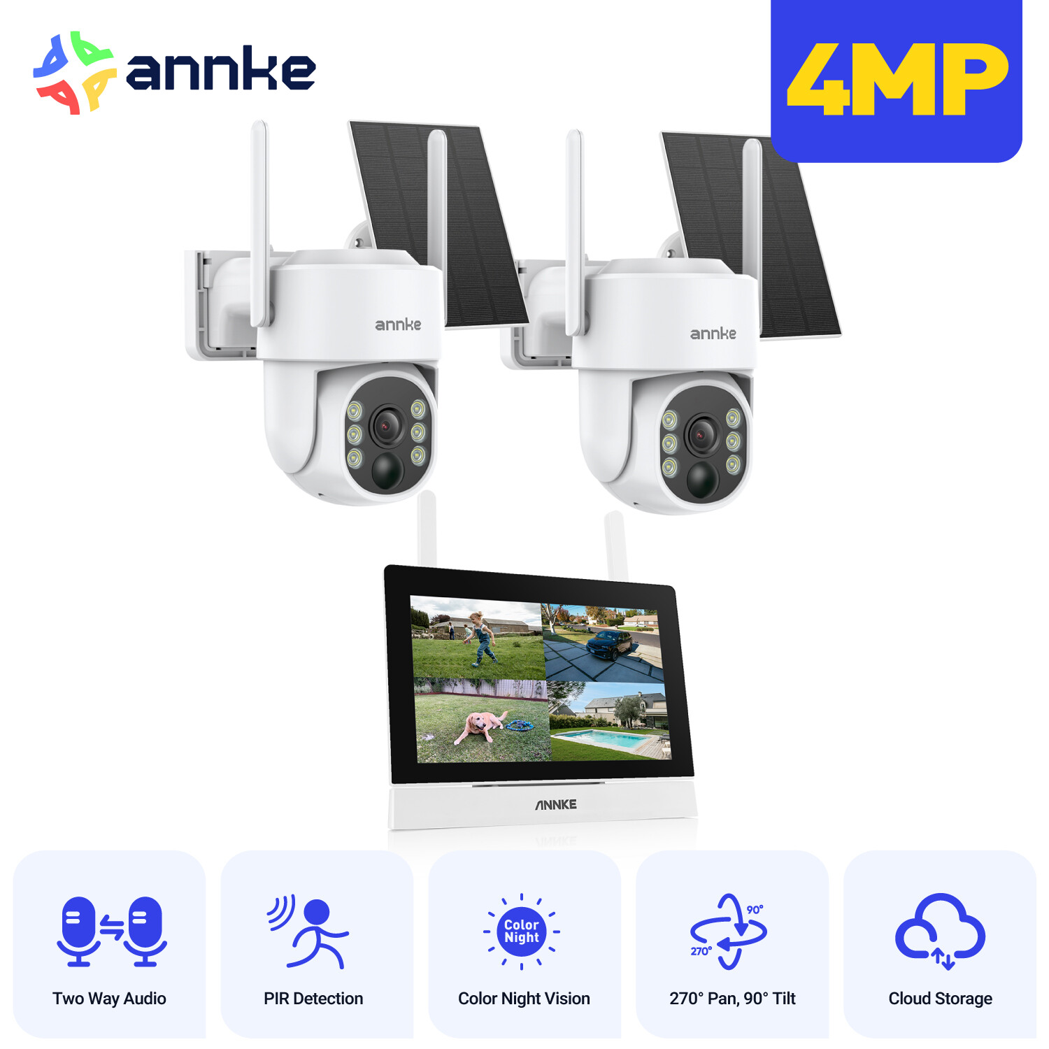 ANNKE Wireless 7″ Monitor 4MP PT Security Camera System Solar Battery 2 Way Talk