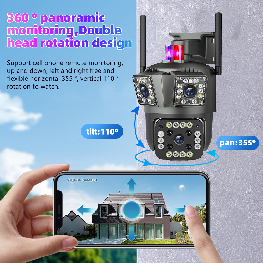4PCS 3 Lens HD 9MP WiFi IP Camera Wireless Outdoor CCTV PTZ Home Security IR Cam
