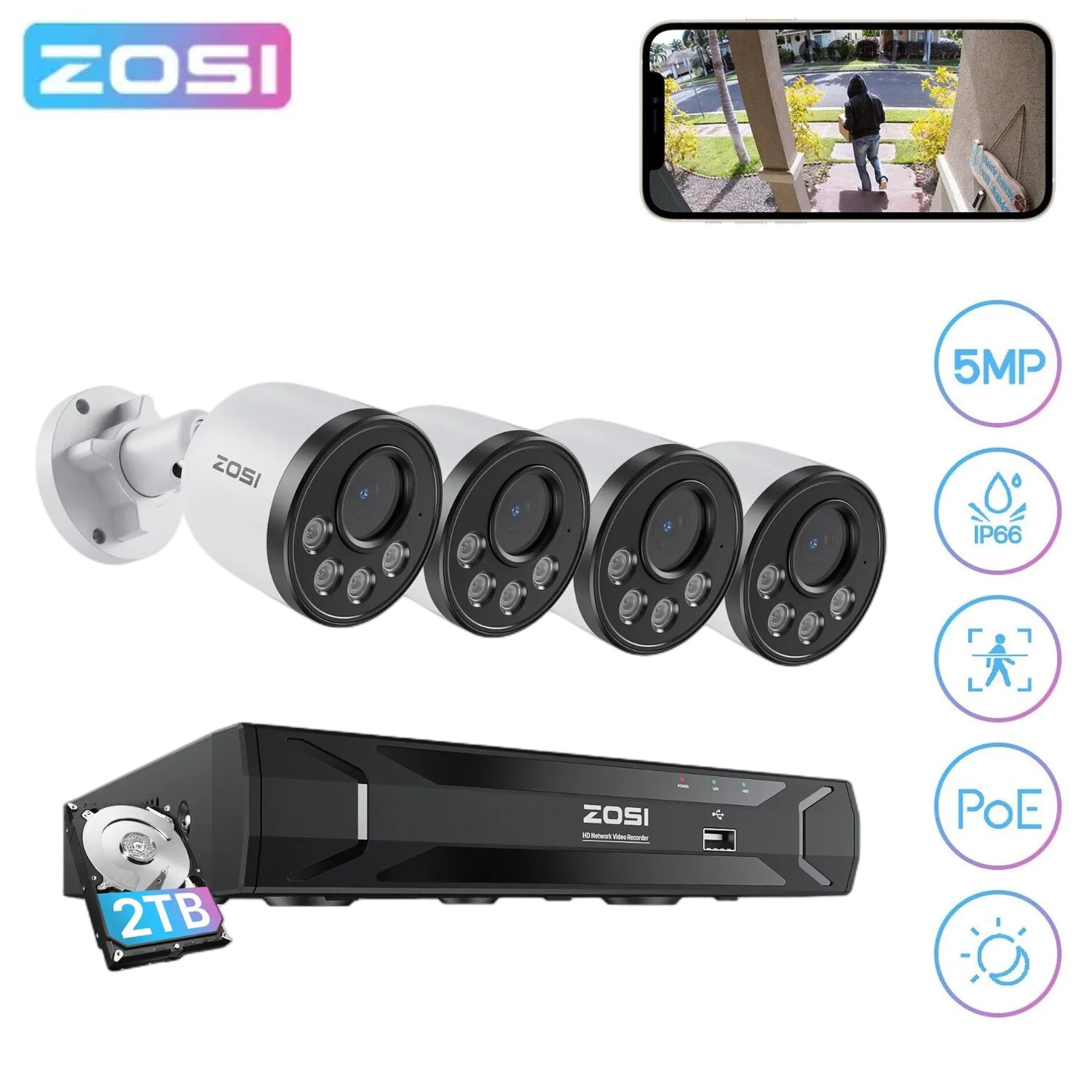ZOSI 5MP 8CH NVR PoE Security 4MP IP Camera CCTV System Audio Human Detect