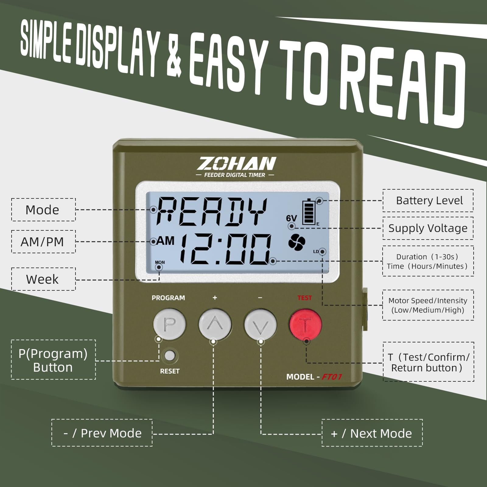 ZOHAN FT01 Deer Feeder Timer – Universal 6V/12V 24h Automatic AMY GREEN