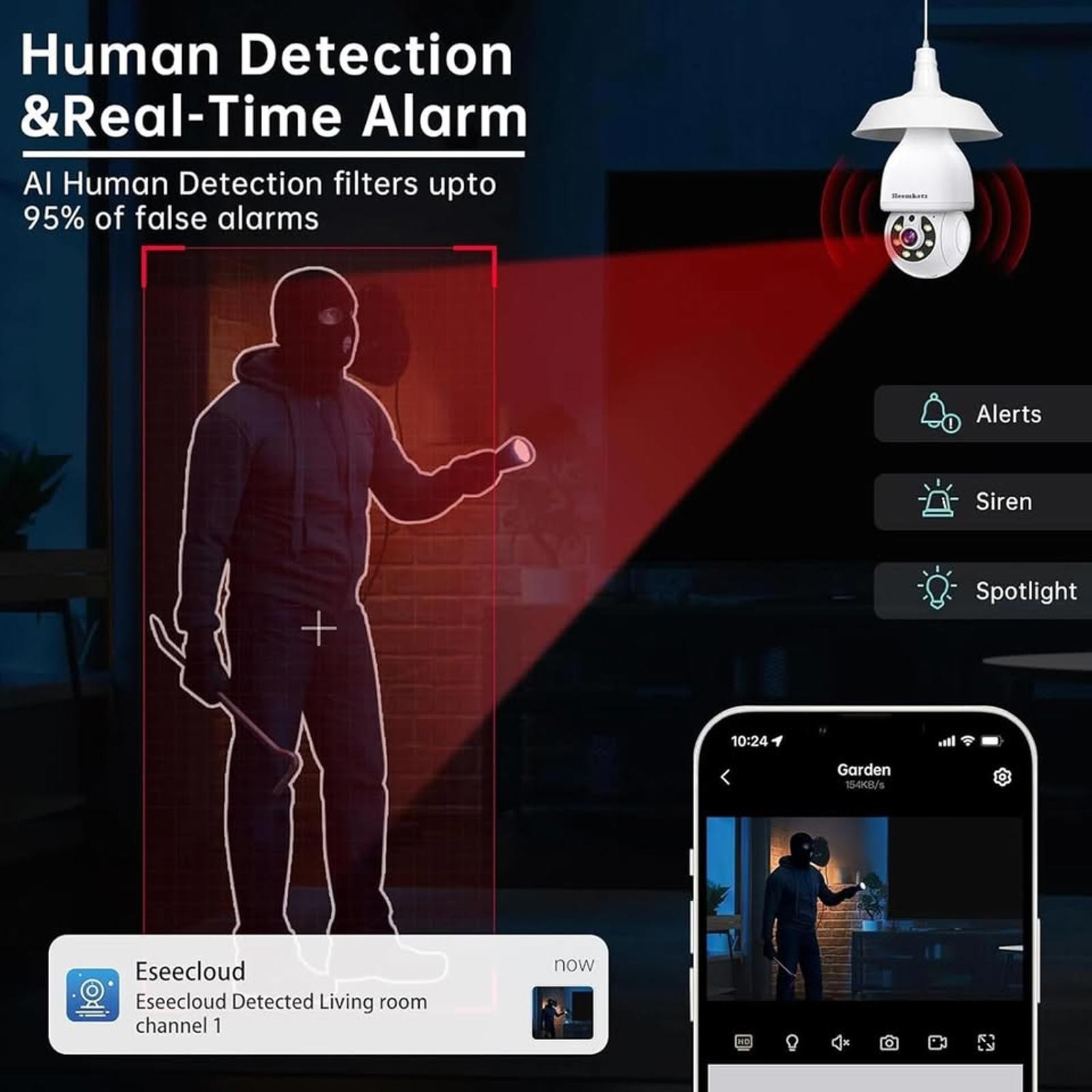 Light Bulb Security Camera WiFi 360° Motion Tracking, Color Night Vision