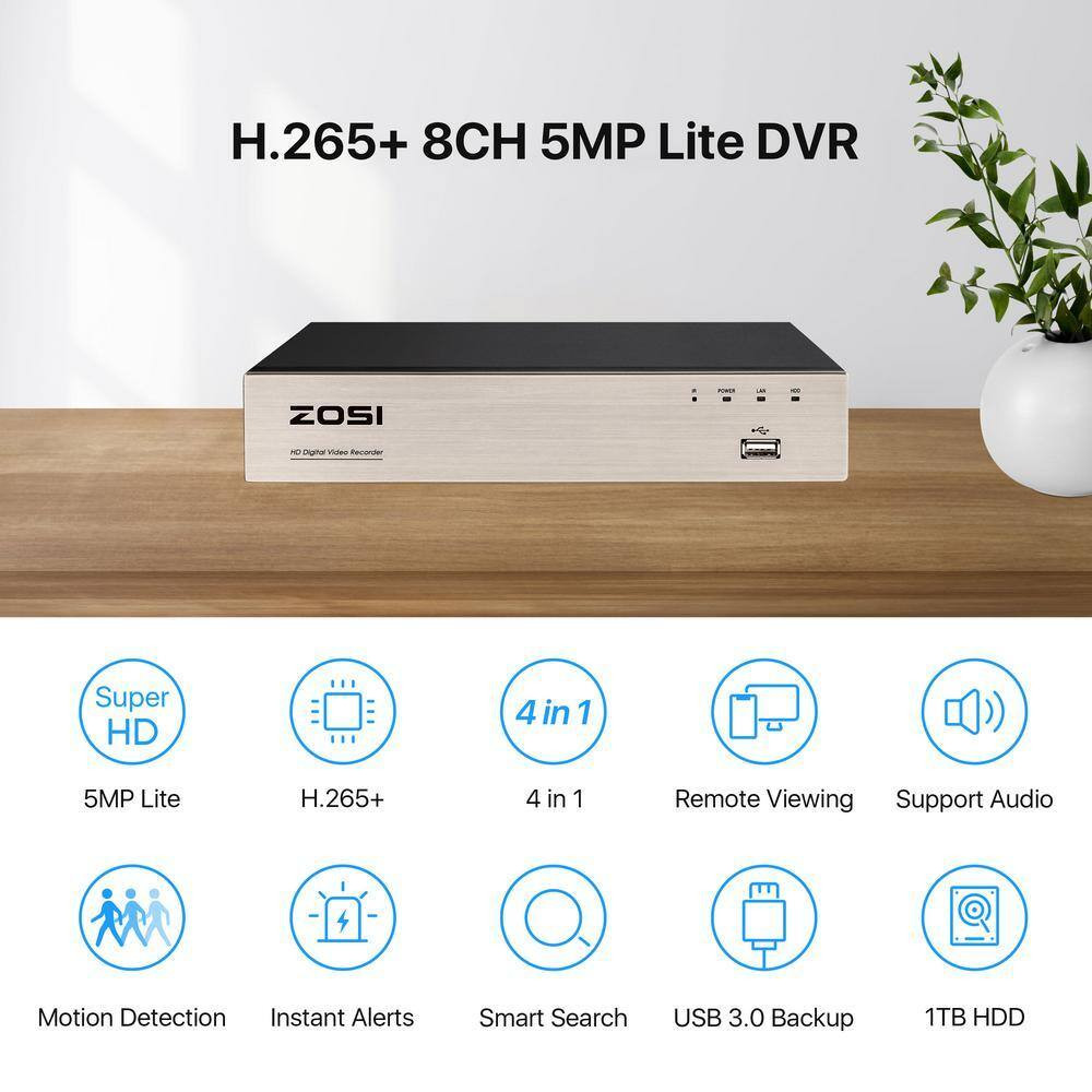 8-Channel 5Mp-Lite 1TB DVR Security Camera System with 4 1080P Wired Cameras, 12