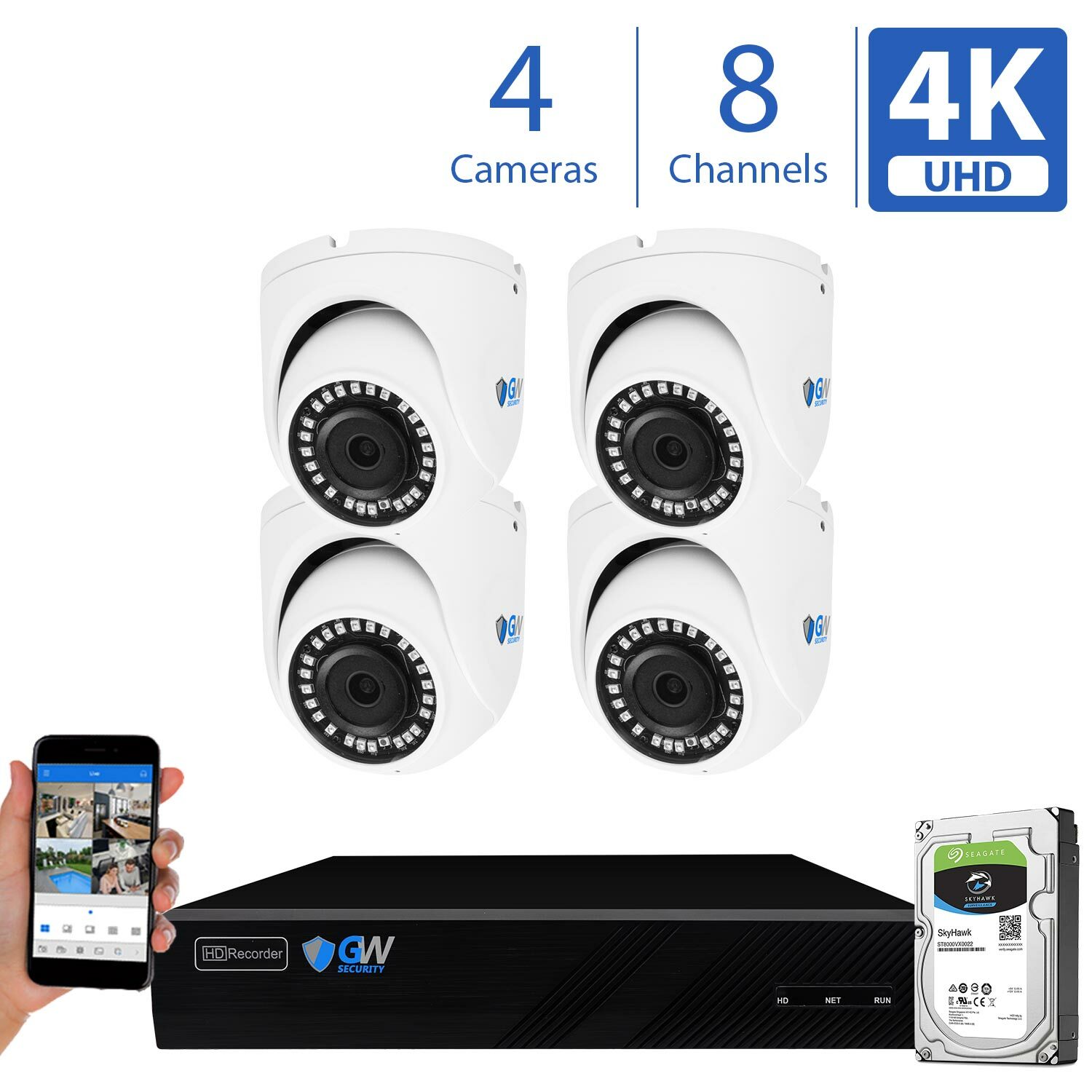 8 Channel 4K NVR (4) 8MP 2160p Home IP POE Dome Security Camera System 1TB HDD