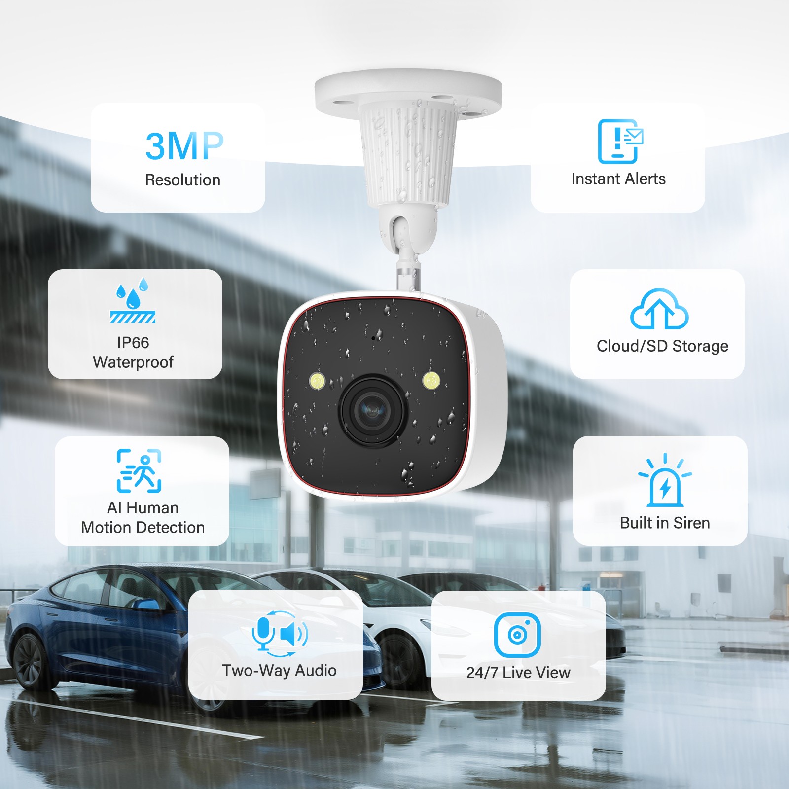 JENNOV 2.4G Wifi Indoor/Outdoor IP Wired Security Camera 3MP Night Vision Audio