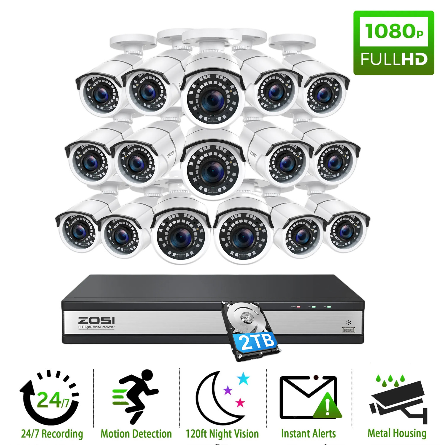 ZOSI H.265+16CH Outdoor CCTV 1080p Security Camera System 120ft Night Vision 2TB