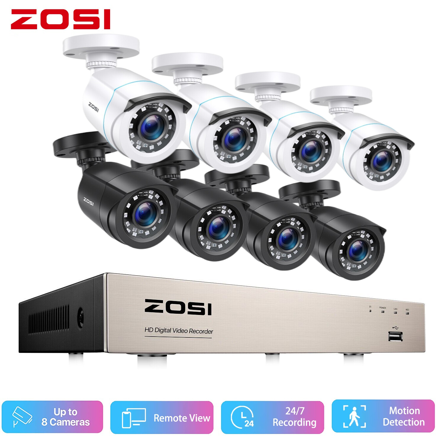ZOSI 8CH H.265+ 5MP Lite DVR 2MP CCTV Home Security Camera System IR Night IP66