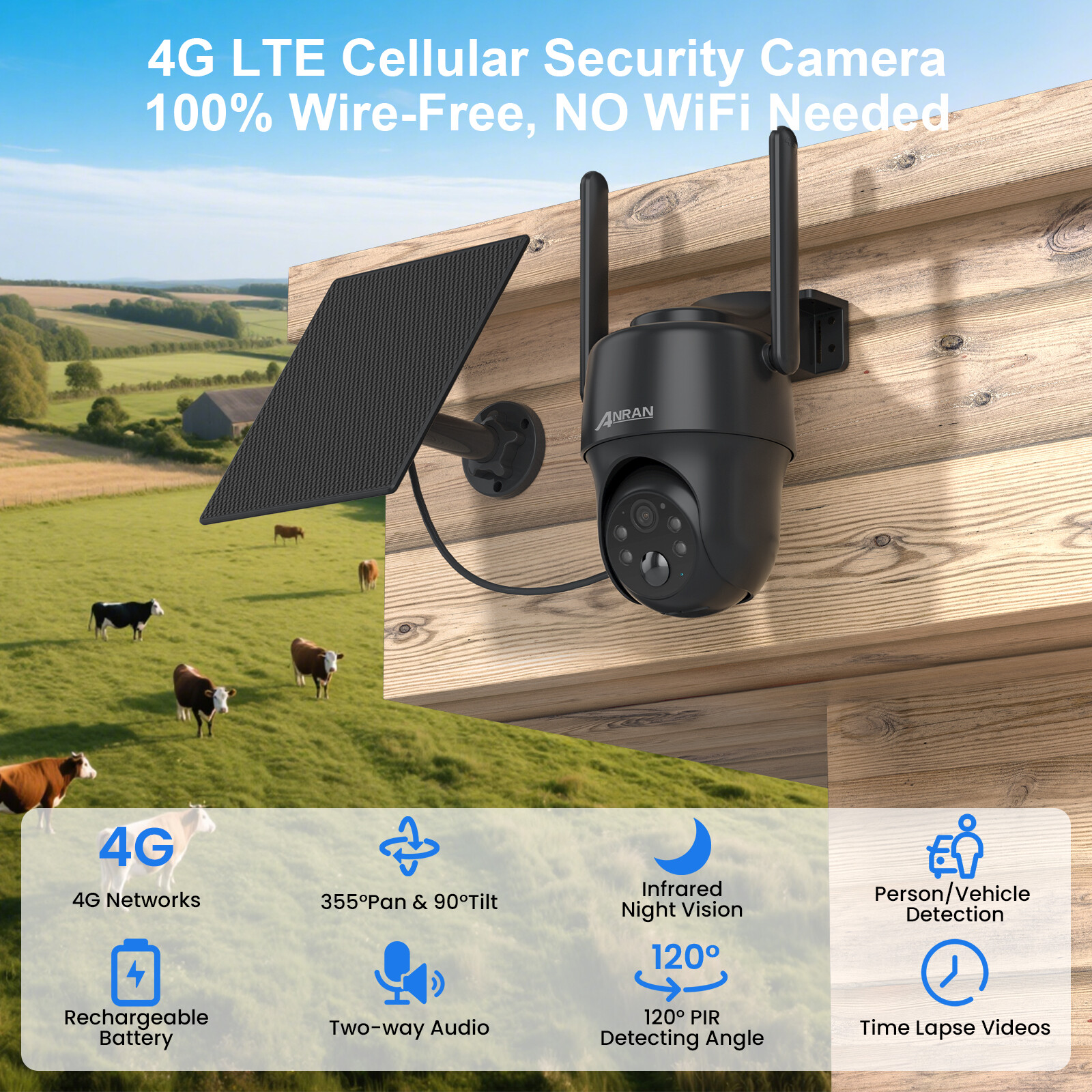 ANRAN 4G LTE Cellular Solar Security Camera 360° Live View 3MP Outdoor Wireless