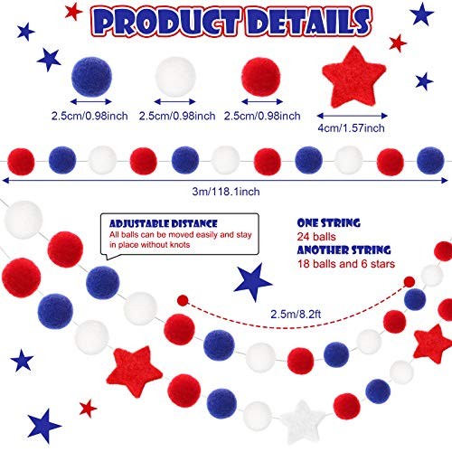 2 Pack Patriotic Felt Ball Garland Each Garland 6.56ft Red White and Blue Pom
