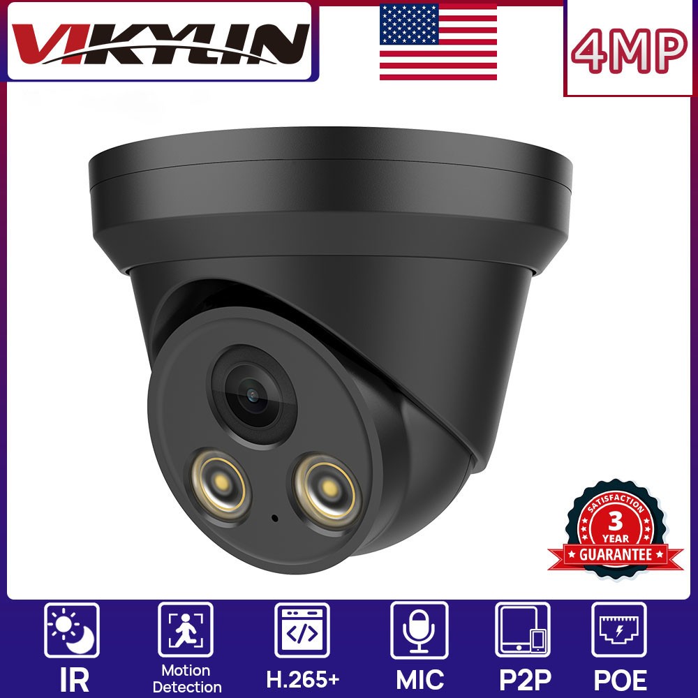 VIKYLIN 8CH 8POE NVR Security Systems Turret IR30M 4MP IP CAMERA MIC Black Lot
