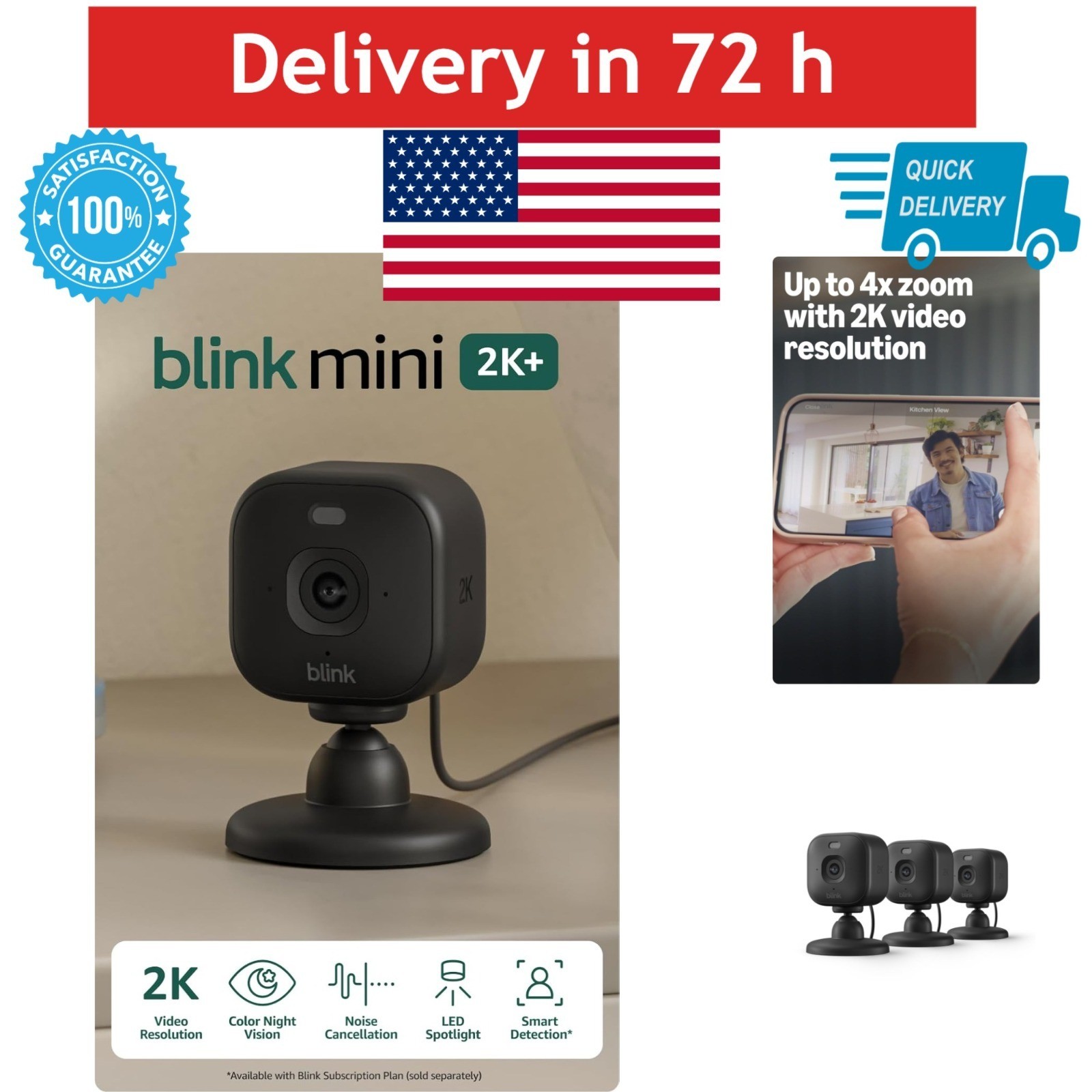 Blink Mini 2K+ Indoor Security Camera – 3 Cameras, Night Vision, Audio