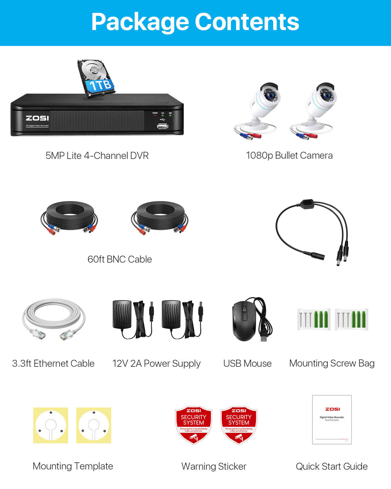 ZOSI H.265+ 5mp Lite 8CH DVR 1080p weatherproof outdoor Security Camera System