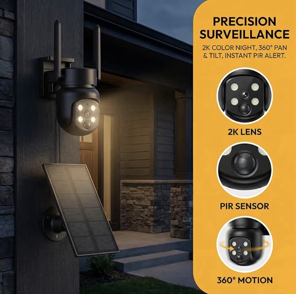 Camera Wireless Outdoor: 2K 360° No WiFi Needed, Solar + 9000 mAh Battery