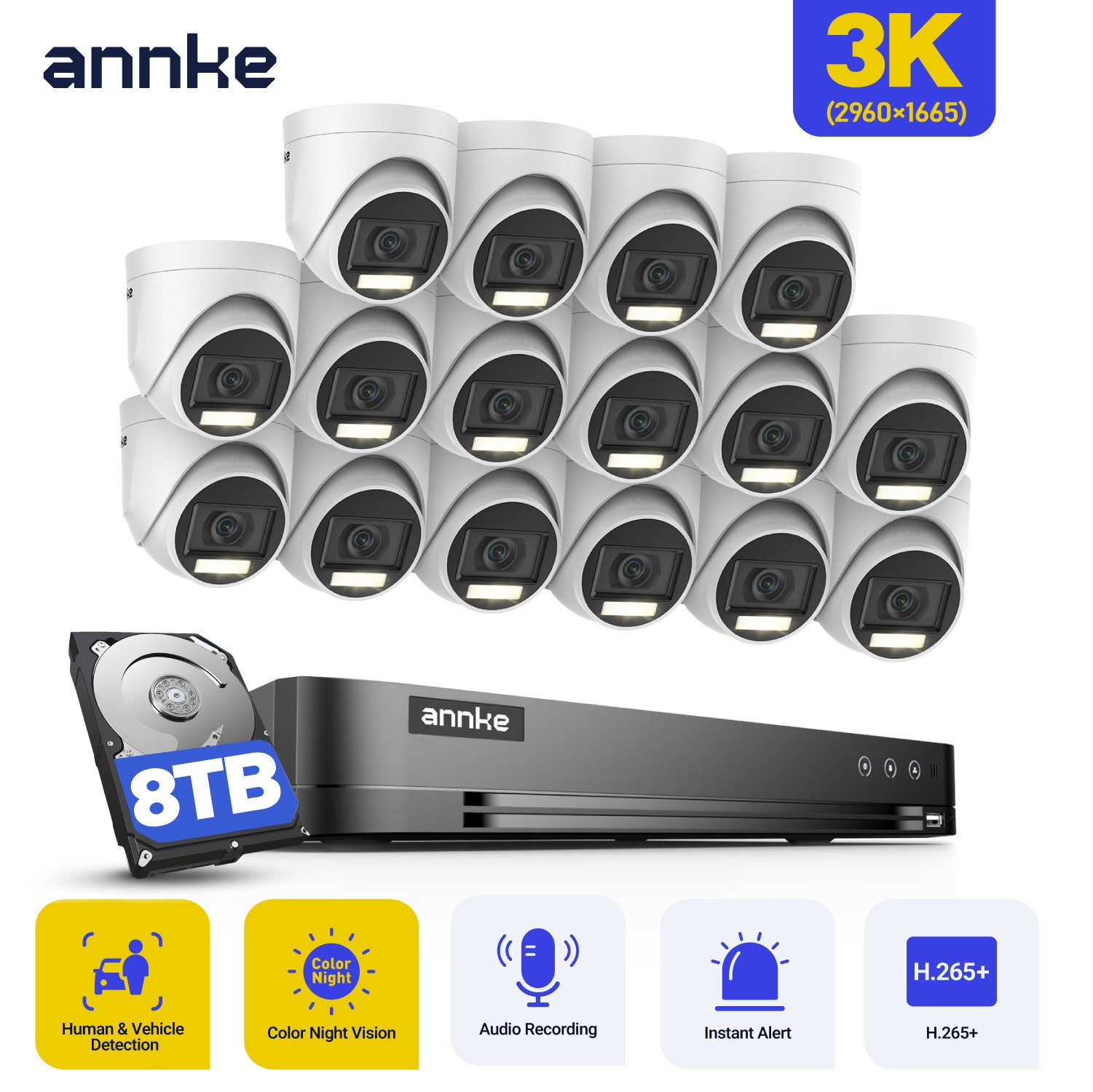 ANNKE 4K 16CH DVR 5MP Audio Security Camera System Color Night AI Motion H.265+