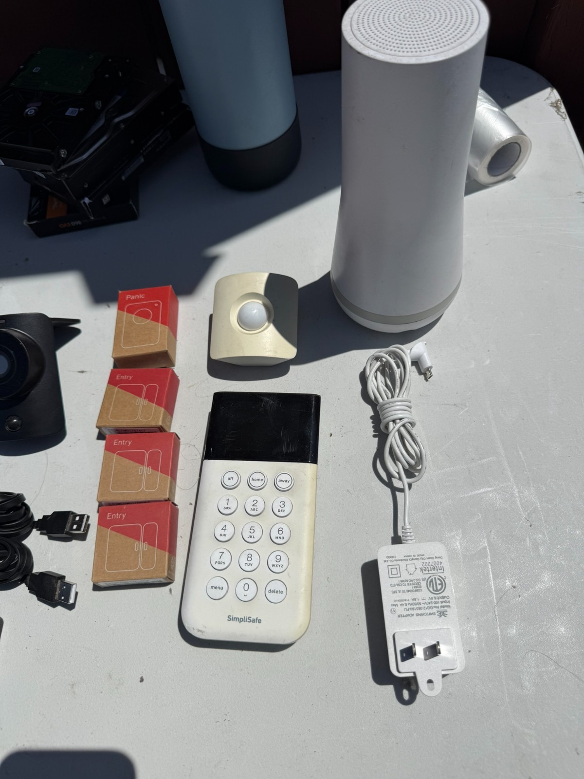 SimpliSafe system with base station, keypad, entry, motion sensors, panic button