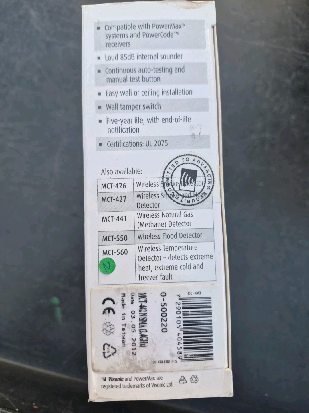 Visonic MCT-442 N SMA (2.4GHz) WH Wireless Carbon Monoxide Detector New