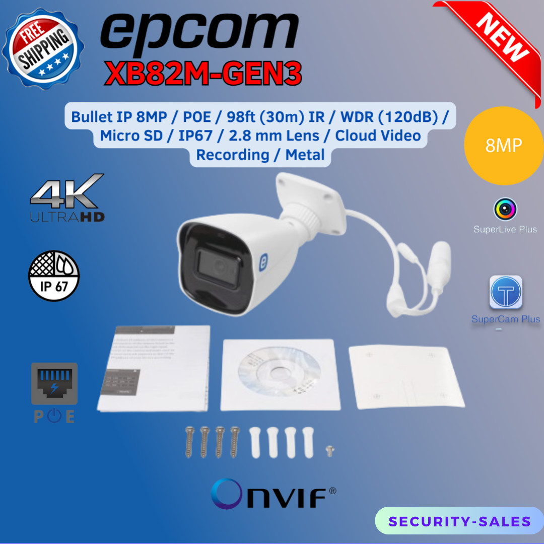 EPCOM XB82M-GEN3 8MP POE METAL BULLET IP +AUDIO ONVIF TVT 30M IR IP67 2.8mm Lens