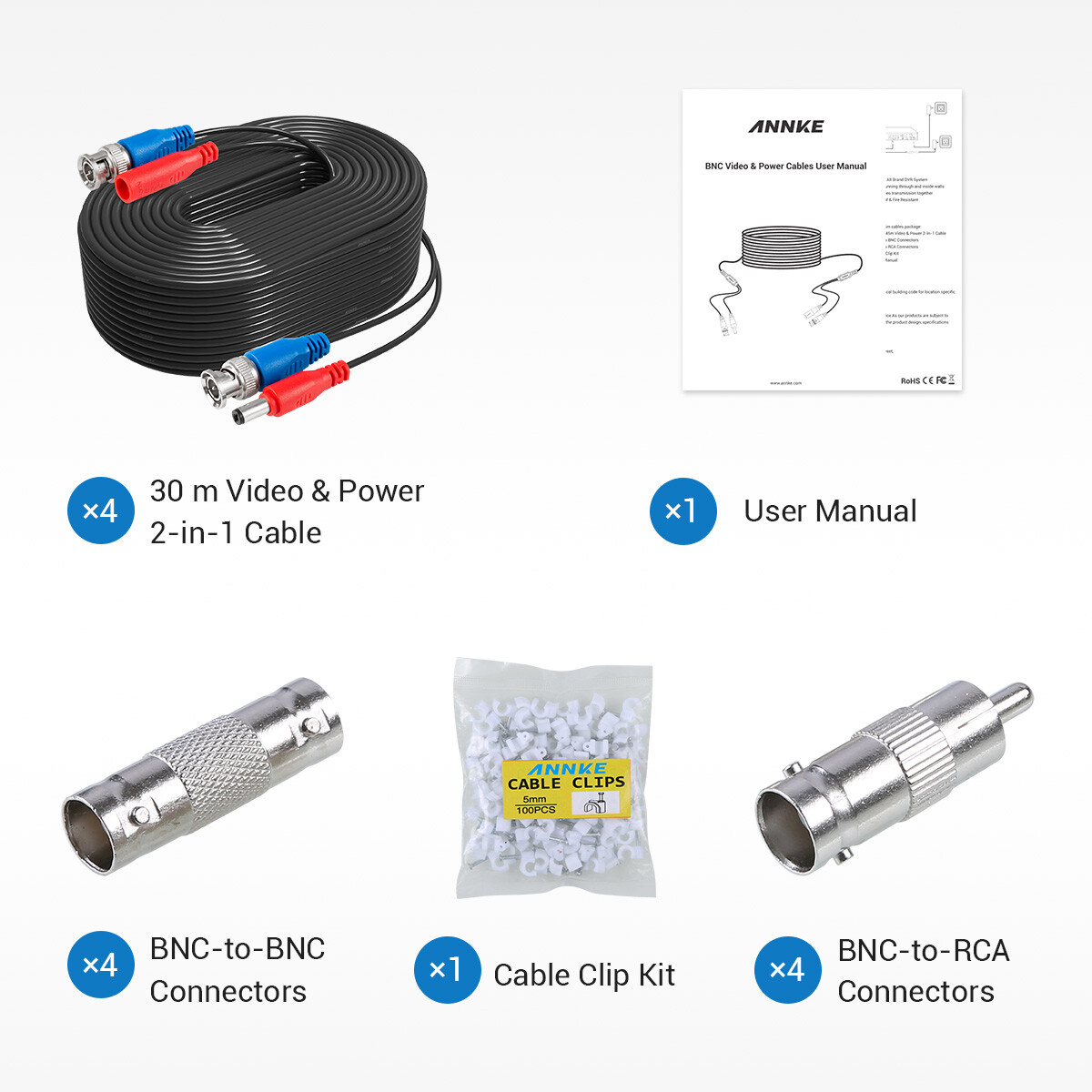 ANNKE 4x 100ft 30m Video Power BNC extend Cable for CCTV Security Camera System