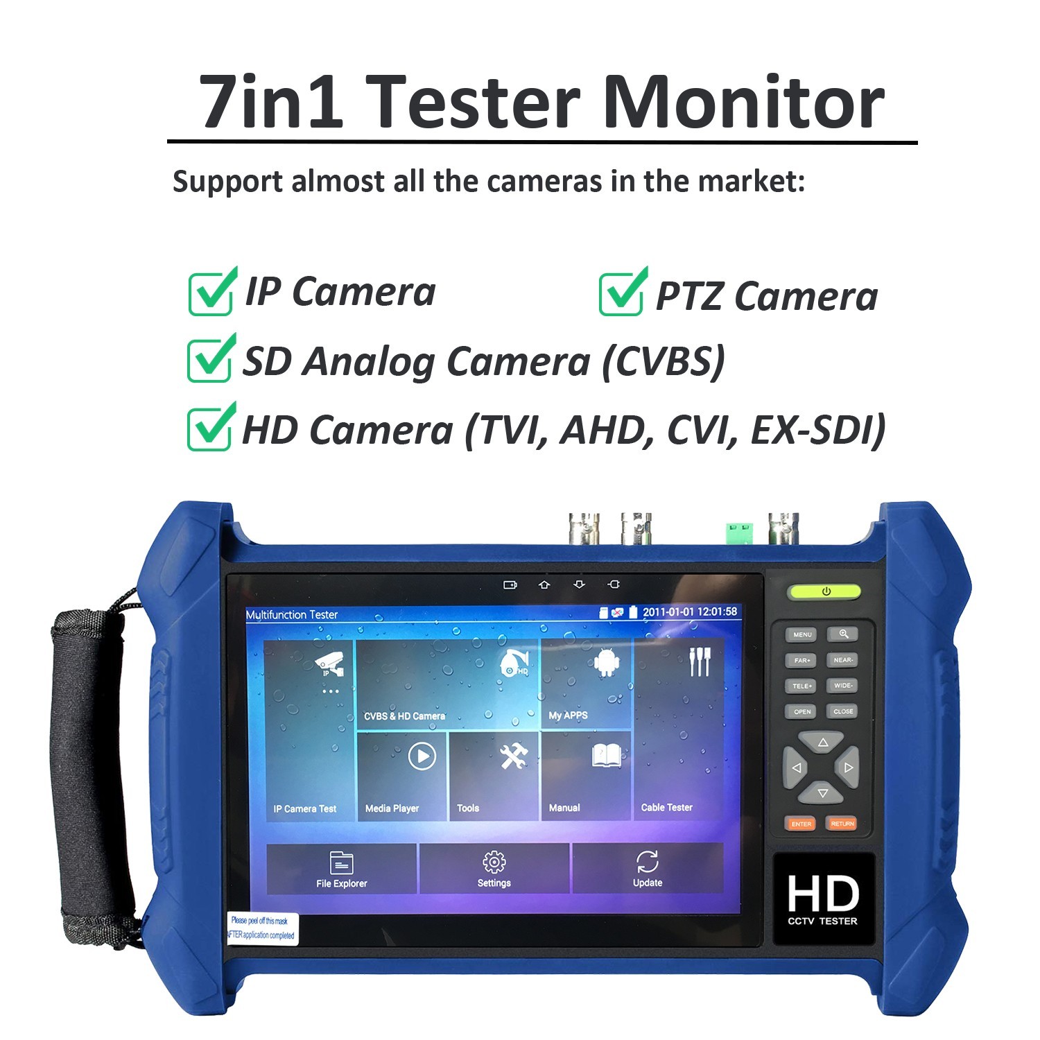 7″ Tester Monitor Pro 7in1 for IP PTZ HD TVI AHD CVI Analog CVBS camera