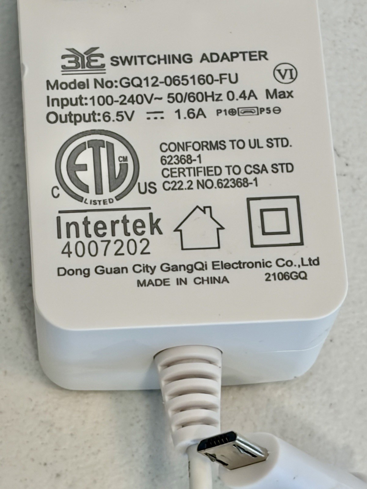 OEM SimpliSafe AC Adapter GQ12-065160-FU 6.5V 1.6A For SSBS3 Tested
