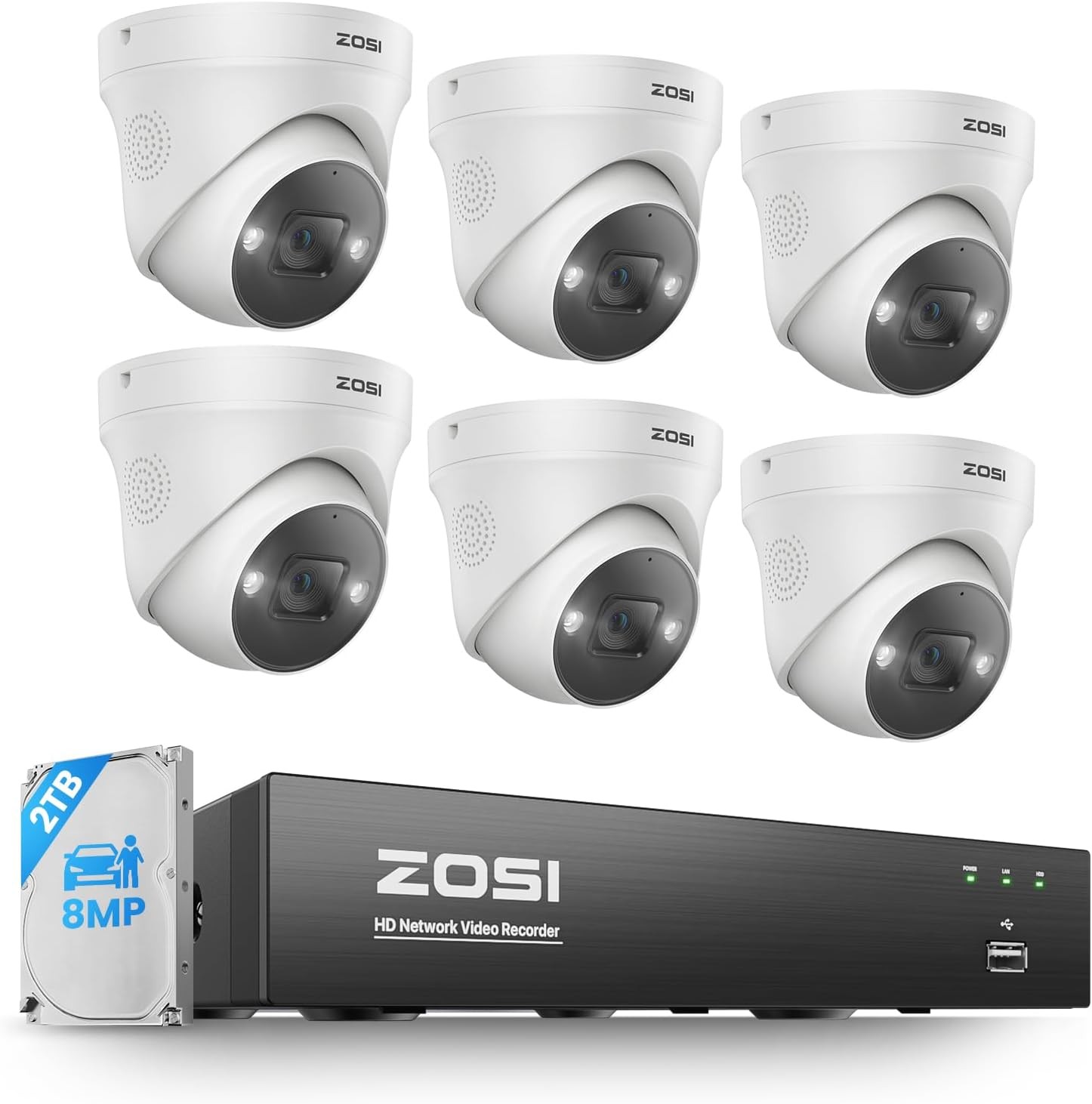 ZOSI 8CH 4K 8MP Outdoor PoE Security Camera System 2 Way Audio Night Vision 2TB