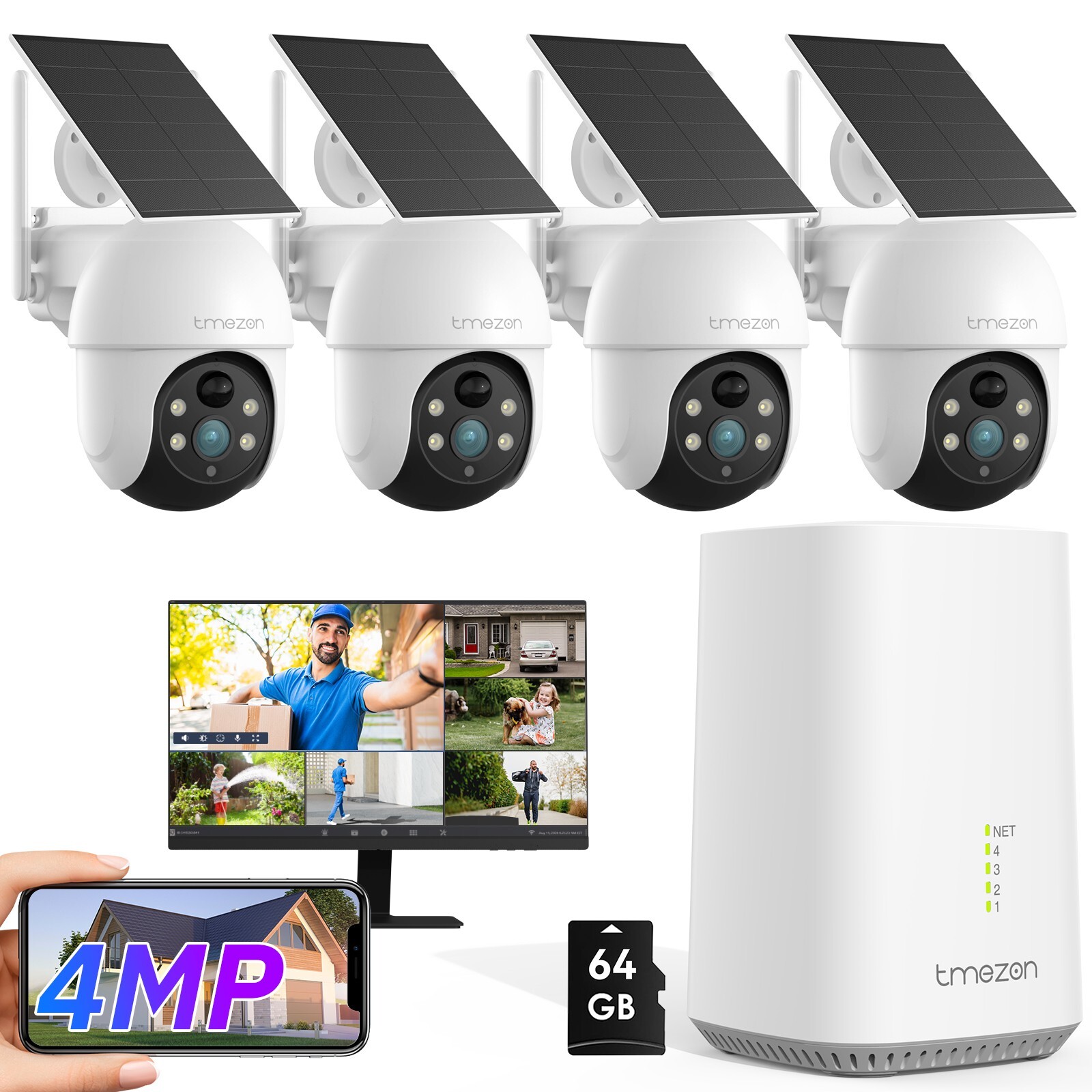 4MP Wireless Solar&Battery Powered Security Camera System Outdoor PTZ NVR HDMI