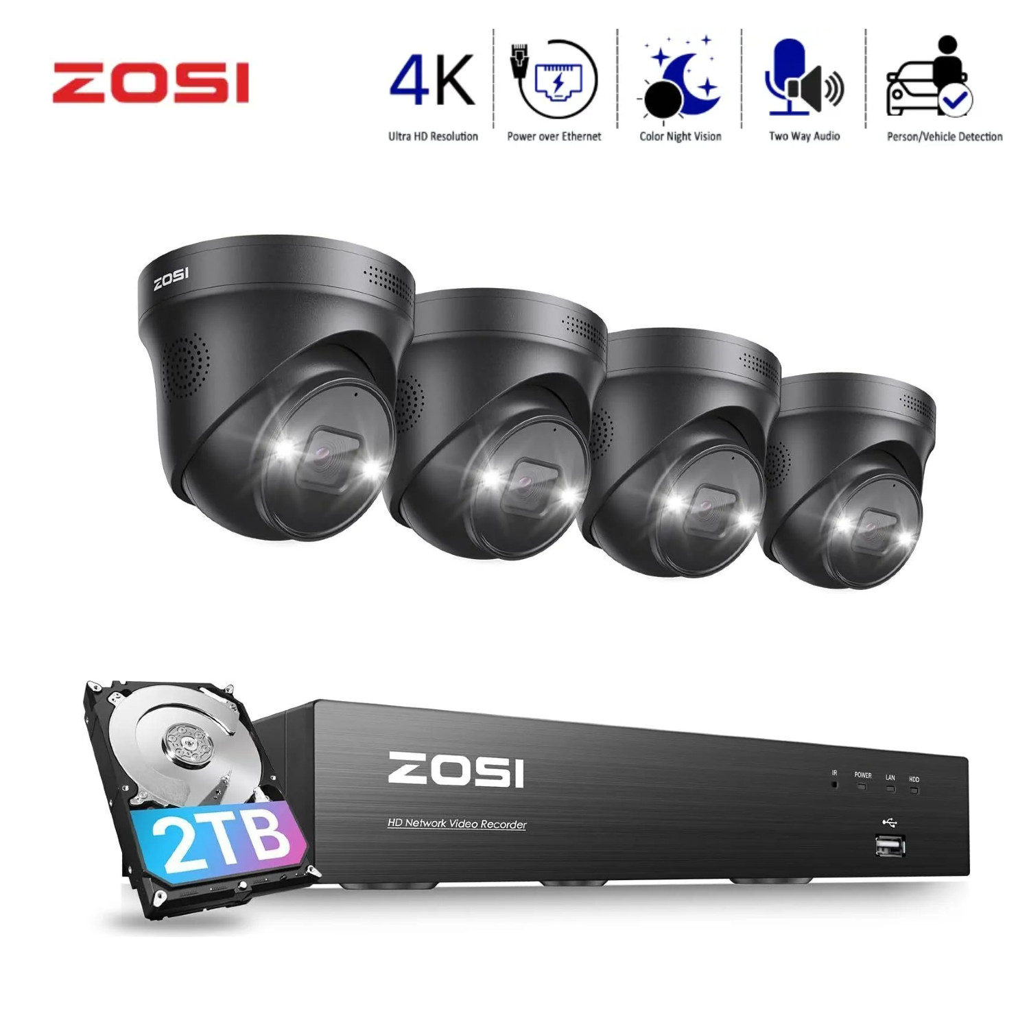 ZOSI 4K 8MP PoE Security Camera System with Spotlight AI NVR 2TB HDD 2 Way Audio
