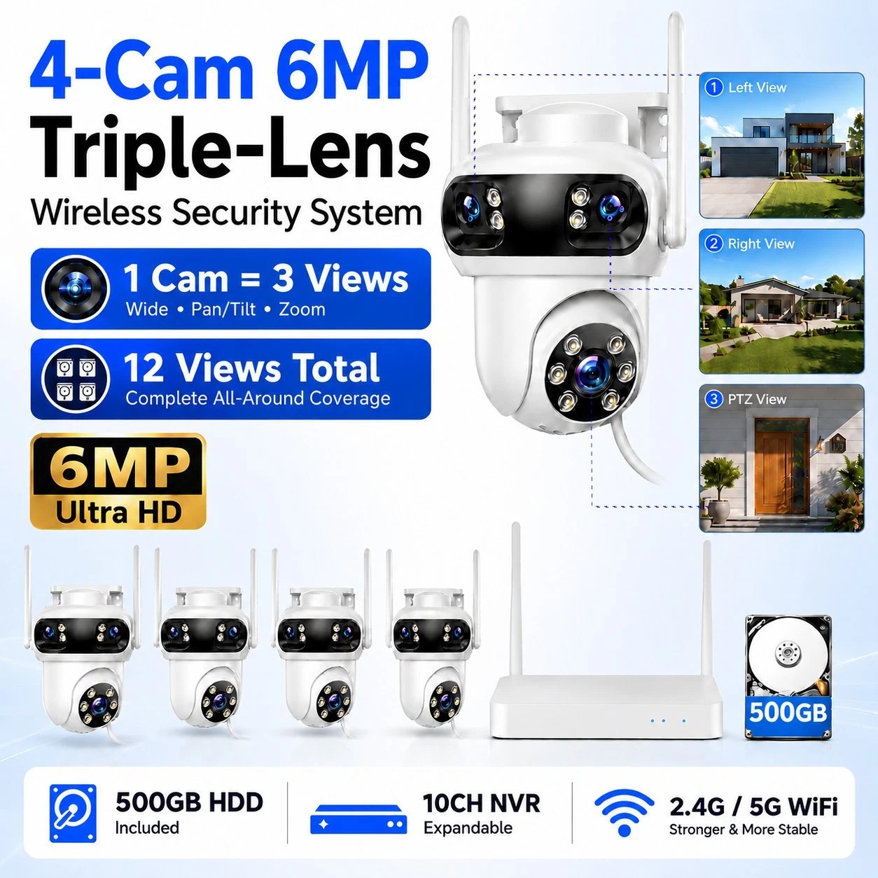 Home Security Camera System Wireless 10CH 4K NVR 2K Triple Lens IP Cameras Audio