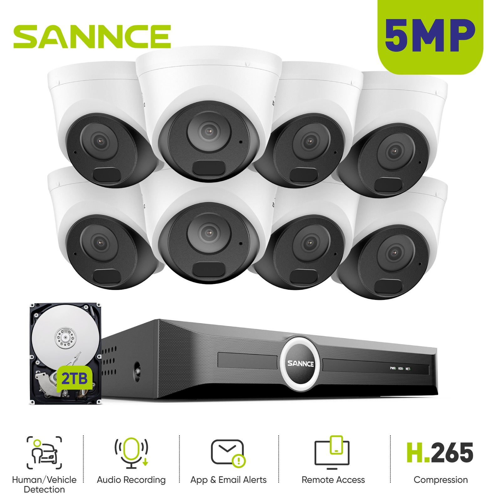 SANNCE 8CH NVR Audio POE 5MP Video Security Camera System Outdoor AI Detection