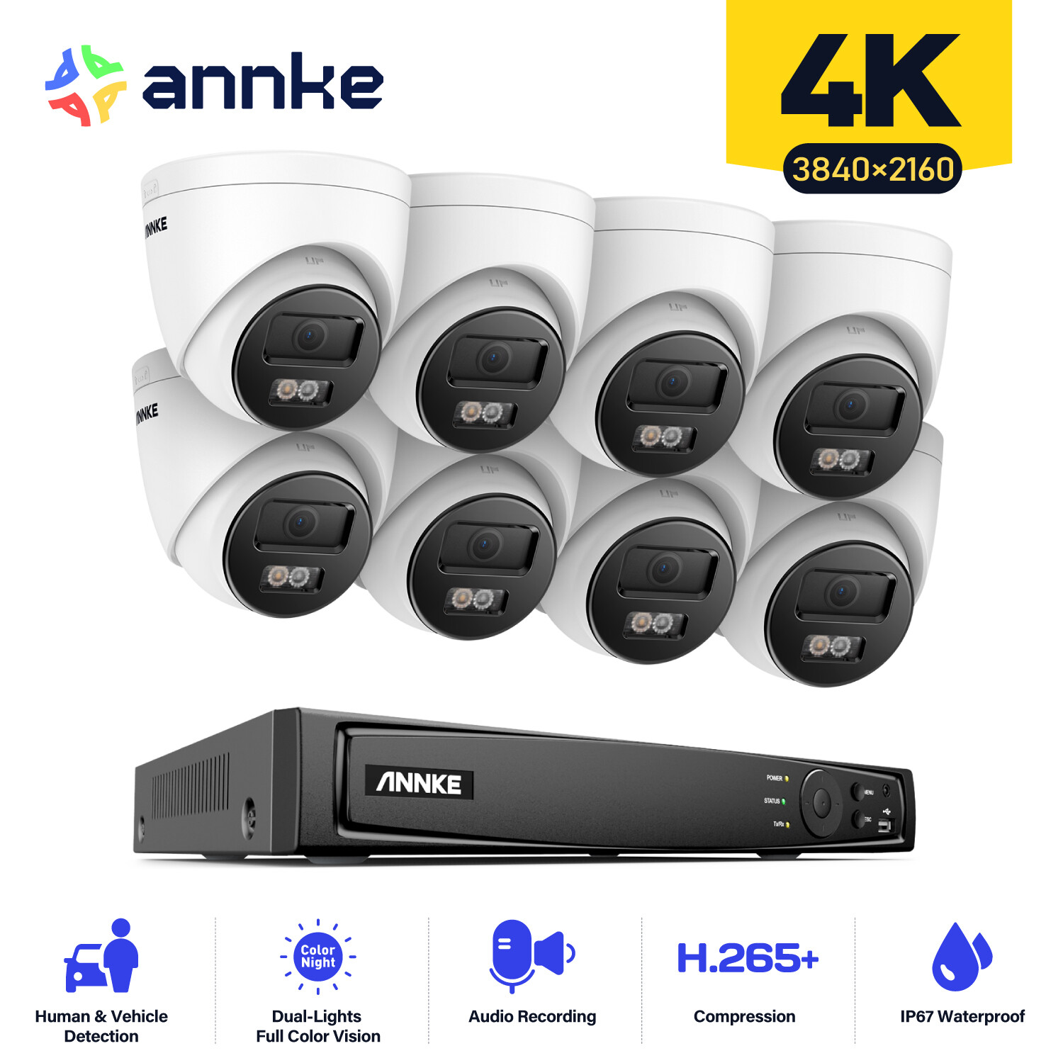 ANNKE 8CH NVR 4K POE Audio Security IP Camera System Color Night Human Detection