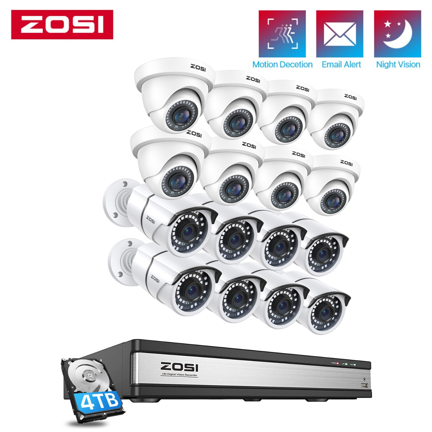 ZOSI 16CH H.265+1080P Home Security Camera System 5MP Lite DVR Instant Alert 4TB