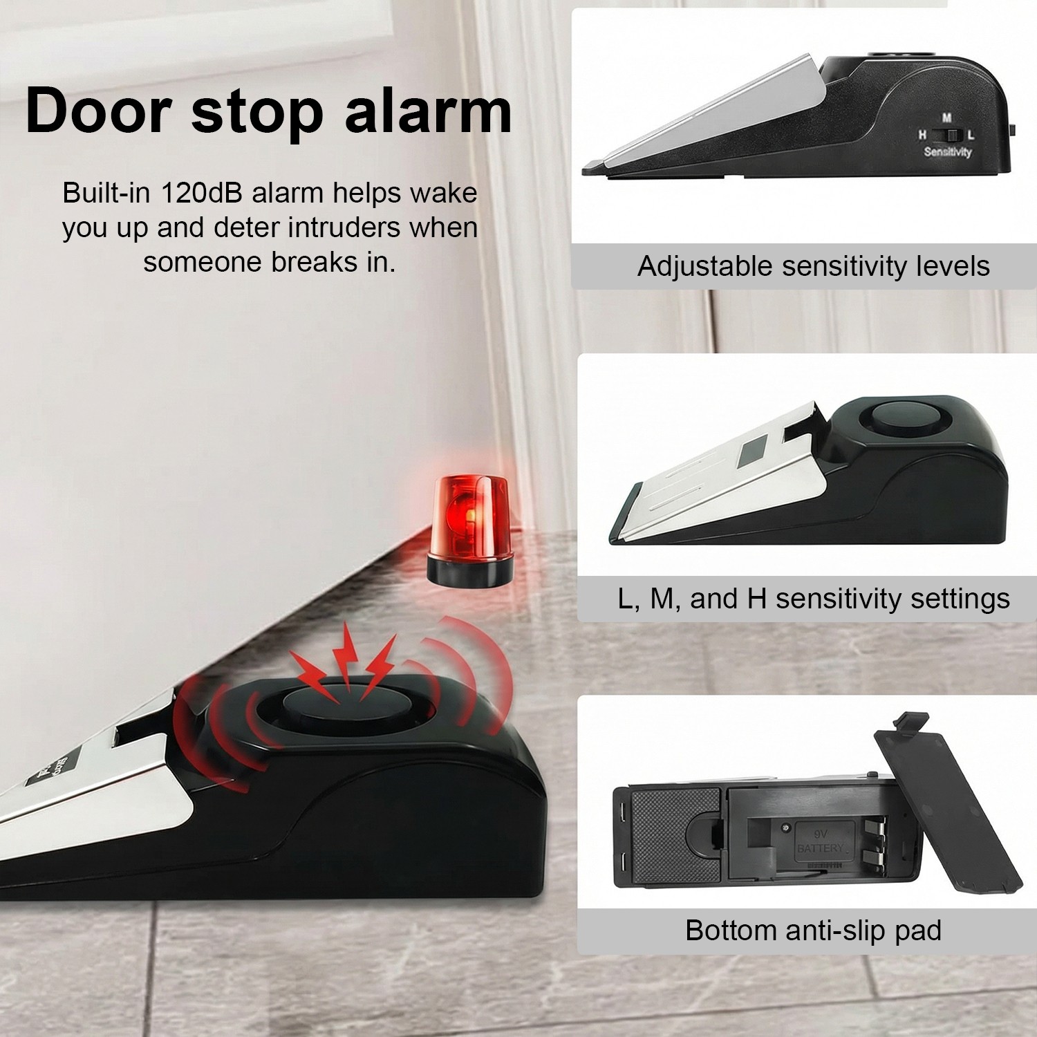 Wireless Door Stop Blocking Alarm Vibration Triggered Alert Security System
