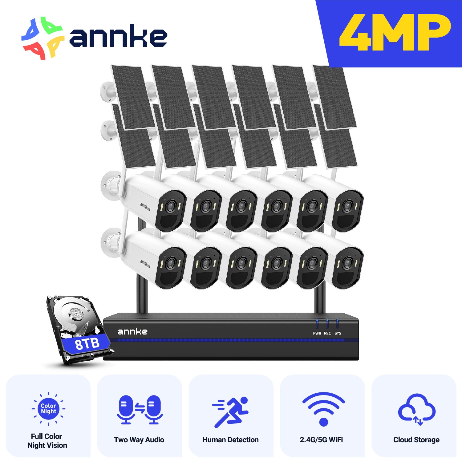 ANNKE 4MP Wireless Security Camera System Wifi Solar Battery Powered 2 Way Audio