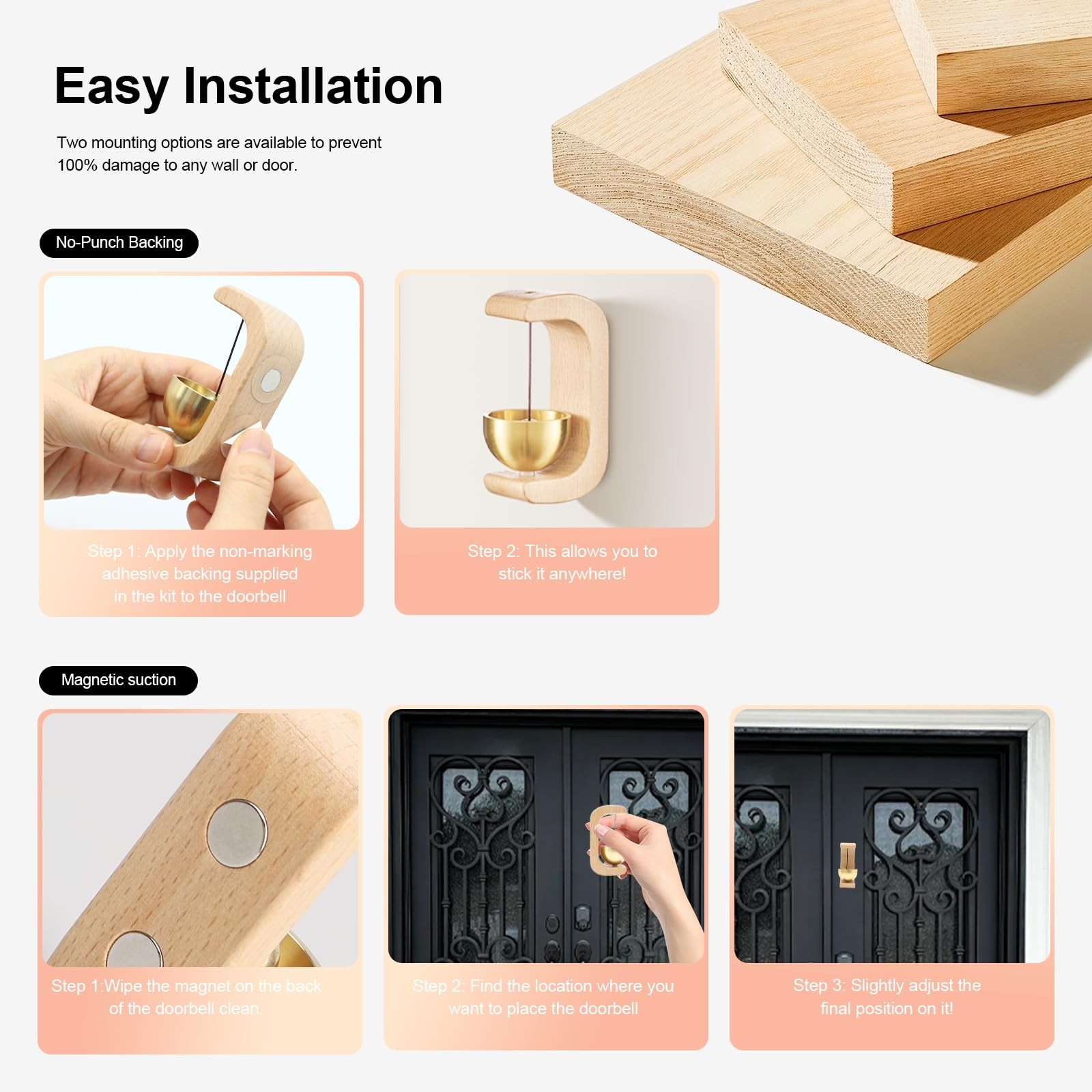 Magnetic Door Chime 2-Pack – Wooden Wind Bells for Opening, Beech