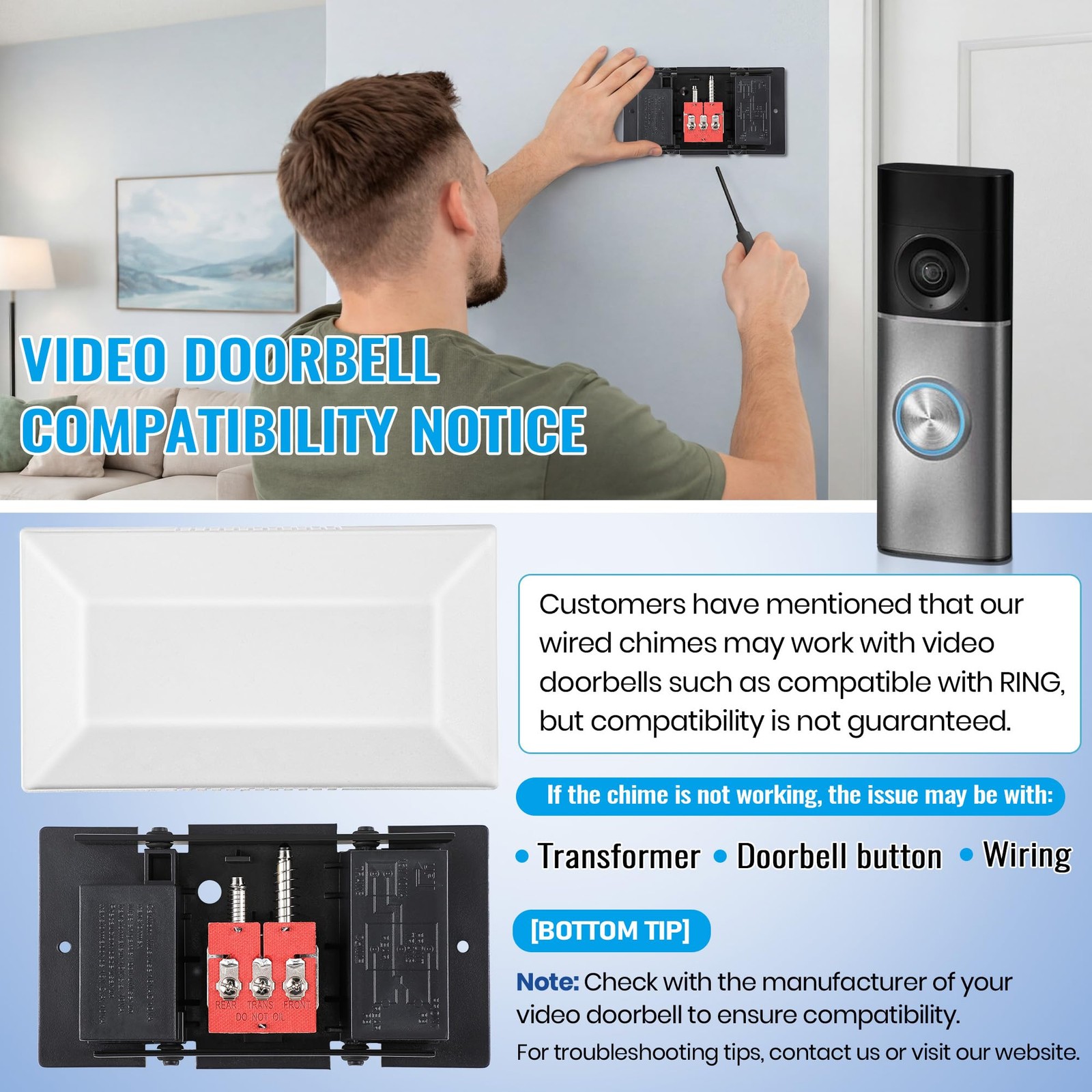 Saillong Wired Doorbell Chime, 16V 10VA Front and Rear Door Chime for Home…