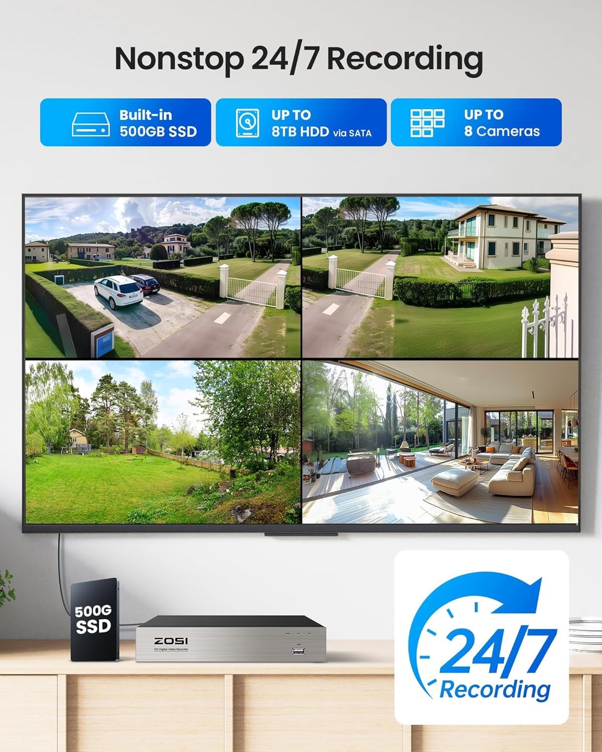 ZOSI 8CH 5MP DVR 4x Security CCTV Outdoor 1080P Camera System Night Vision 500GB
