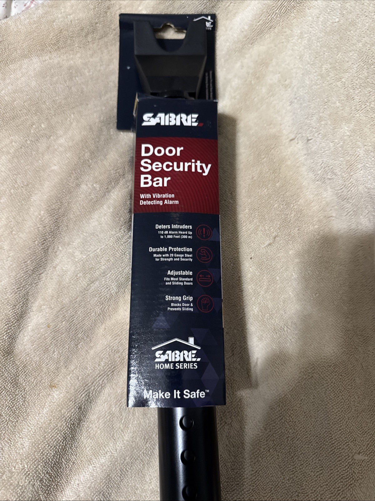 SABRE Adjustable 2-in-1 Door Security Bar, Doorstop Bar Secures Onto Doorknob