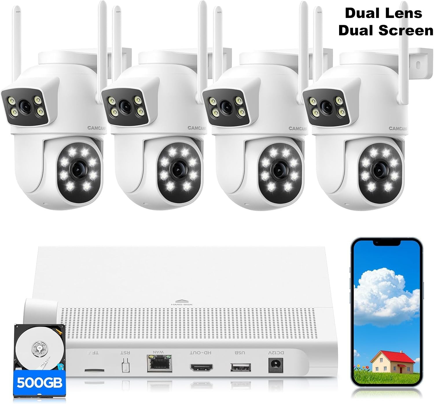5G/2.4G WiFi Wireless Security Camera System 2-Lens Dome Cam with Auto Tracking